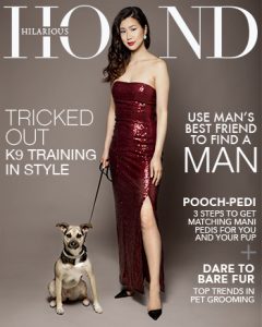 Studio photo of women inn red glittery dress with her dog on a magazine cover