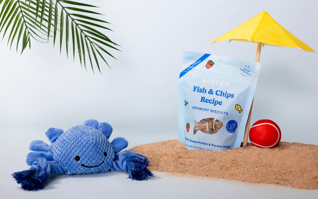 Pet product scene in studio of faux beach featuring pet treats and toys