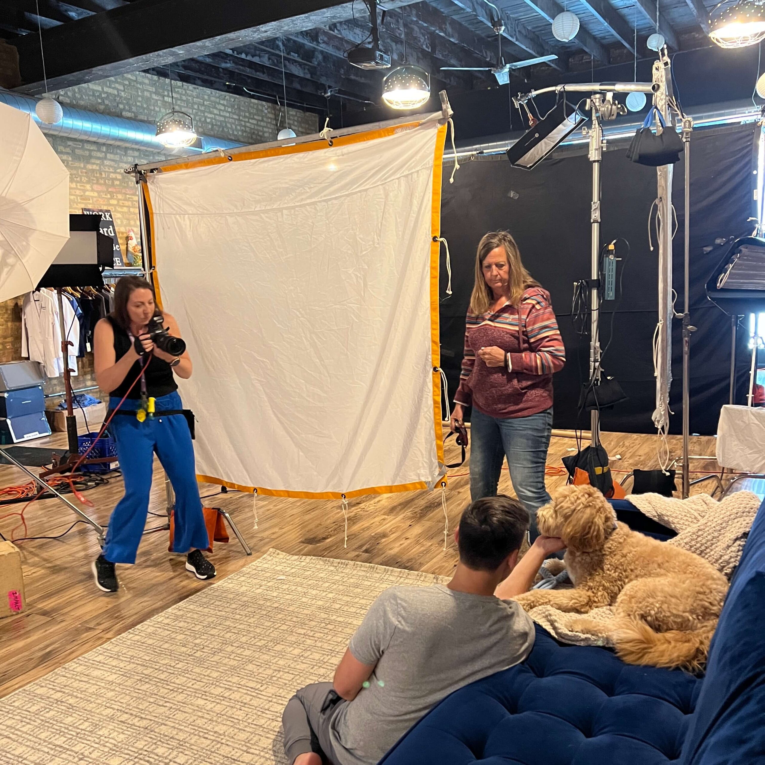 The Hilarious Hound production team and talent during a Chicago commercial shoot.