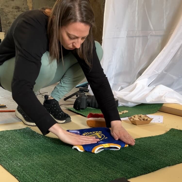 Photographer building a custom baseball themed set for a stylized Chicago animal photography product shot.